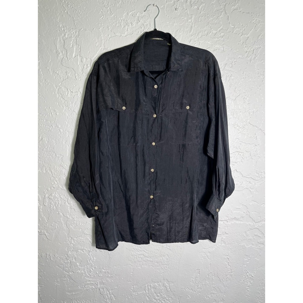 Vintage Outback Red 100% Silk Oversized Utility Safari Shirt Black ButtonFront M